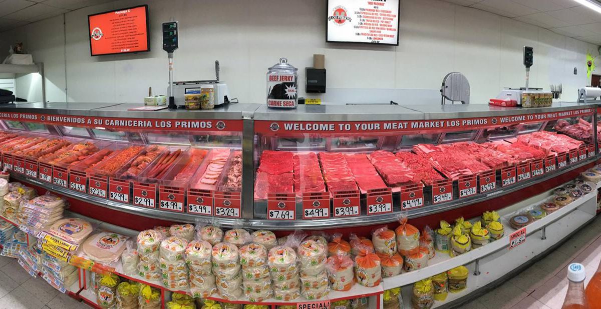 A fish-eye view of a butcher counter