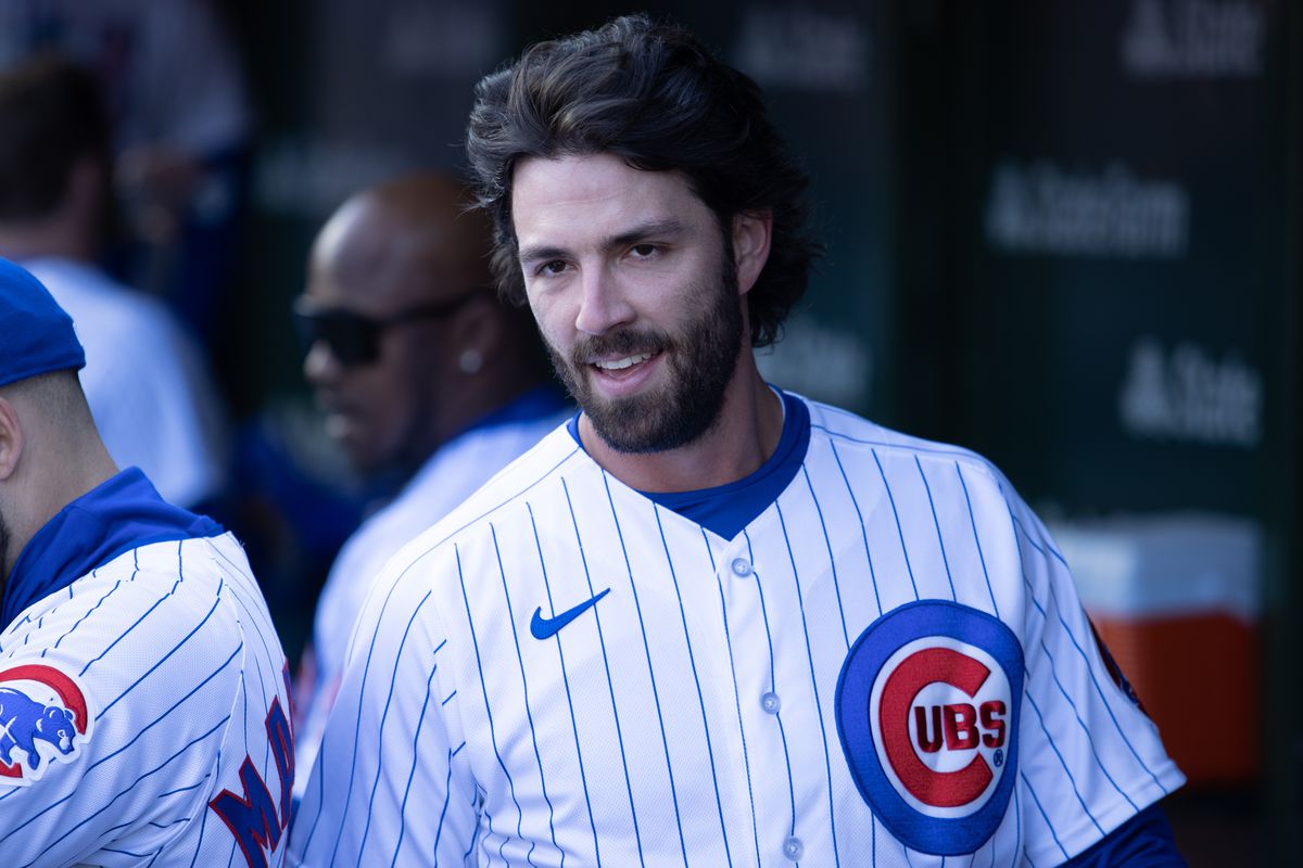 Chicago Cubs shortstop Dansby Swanson in the dugout during a Major League Baseball game between the Texas Rangers and the Chicago Cubs on April 8th, 2023 at Wrigley Field in Chicago, IL.