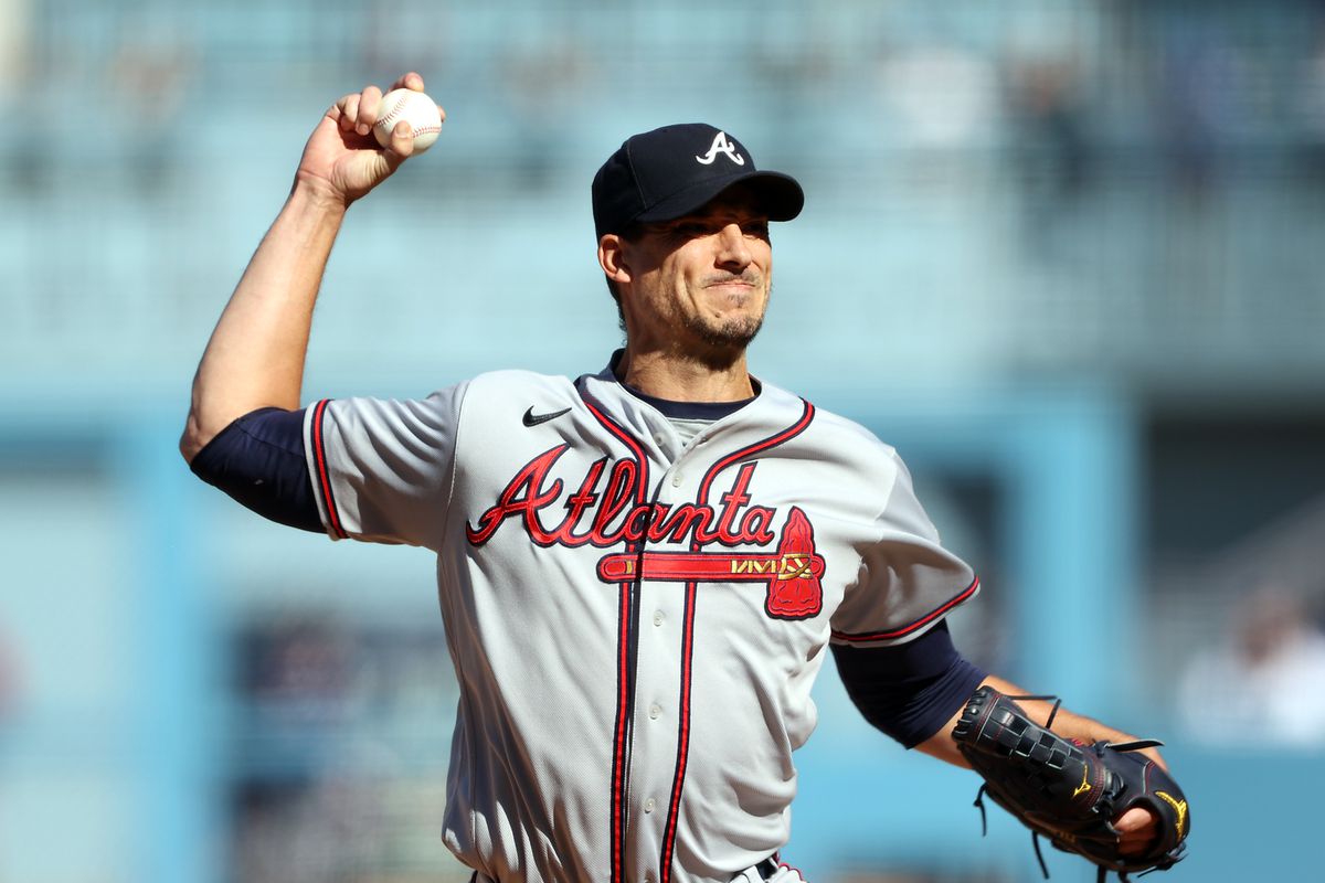 Starting pitcher Charlie Morton #50 of the Atlanta Braves pitches during the 1st inning of Game 3 of the National League Championship Series against the Los Angeles Dodgers at Dodger Stadium on October 19, 2021 in Los Angeles, California.