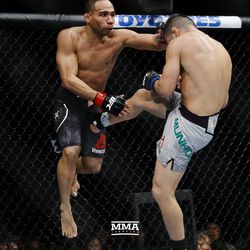 John Dodson takes a shot to groin at UFC 222.