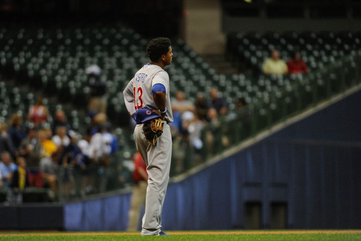What is Starlin thinking? Put your answer in the comments. Milwaukee, WI, USA;  Chicago Cubs shortstop Starlin Castro reacts after grounding out against the Milwaukee Brewers at Miller Park. Credit: Benny Sieu-US PRESSWIRE