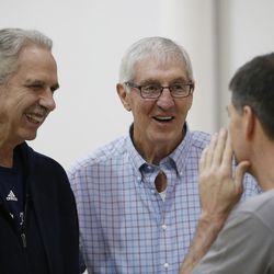 Phil Johnson and Jerry Sloan talk with John Stockton as the 1997 Utah Jazz team members gather for a reunion in Salt Lake City on Wednesday, March 22, 2017.