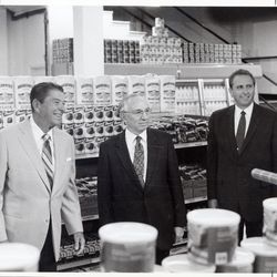 From left, U.S. President Ronald Reagan, President Gordon B. Hinckley and Elder Thomas S. Monson tour the bishop's storehouse in Ogden on Sept. 18, 1982.
