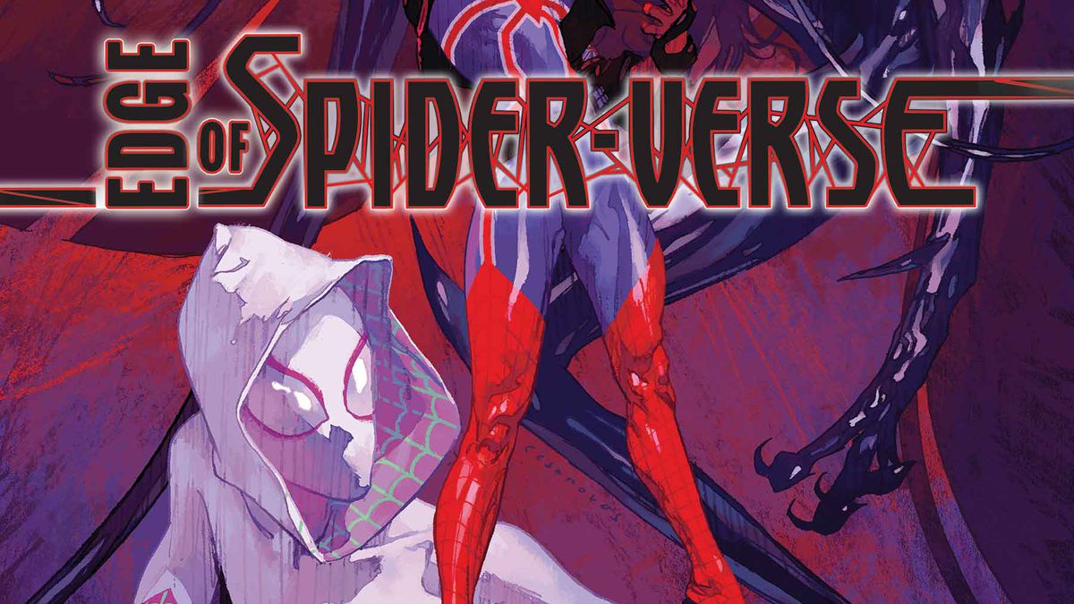 Spider-Gwen, Spider-UK, and a third, unknown, more mutated spider-like Spider-Person pose on the cover of Edge of the Spider-Verse #2 (2022). 