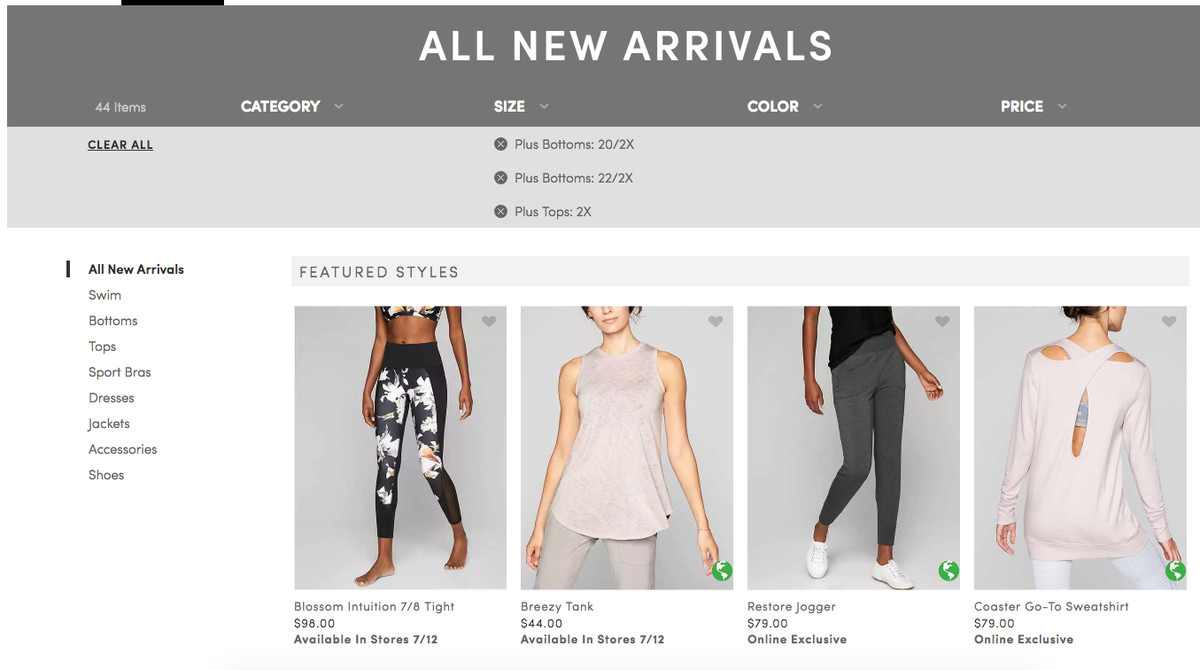 Athleta’s new arrivals page, sorted to only show clothing available in plus sizes