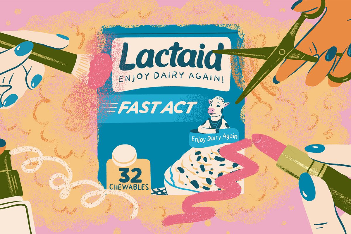 Hands holding a makeup brush, scissors, lipstick, and a spray bottle surround a box of Lactaid. Illustration.