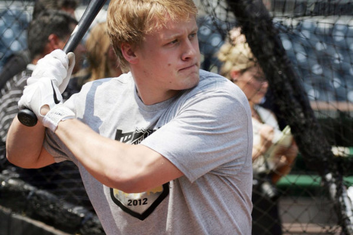 June 21, 2012: Top NHL draft prospect Griffin Reinhart takes batting practice as a guest of the Pittsburgh Pirates before the game against the Minnesota Twins at PNC Park?