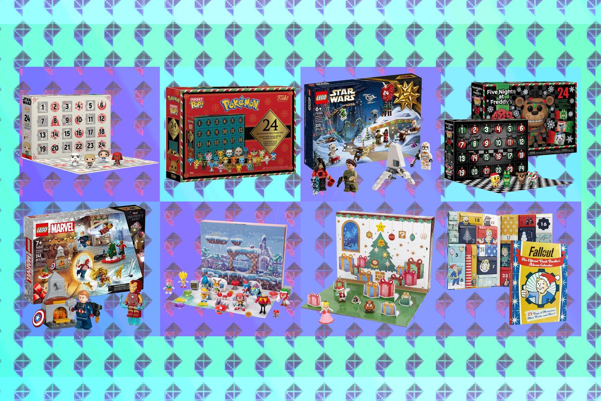 A composite image using stock photos of eight of the products featured in the Best Nerdy Advent Calendars.
