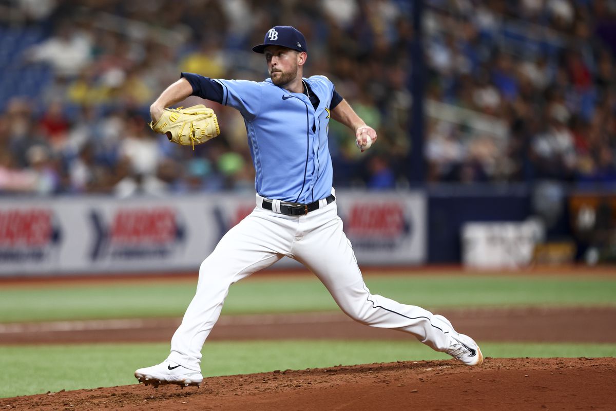 Jeffrey Springs #59 of the Tampa Bay Rays delivers a pitch during the fourth inning against the Oakland Athletics at Tropicana Field on April 08, 2023 in St Petersburg, Florida.