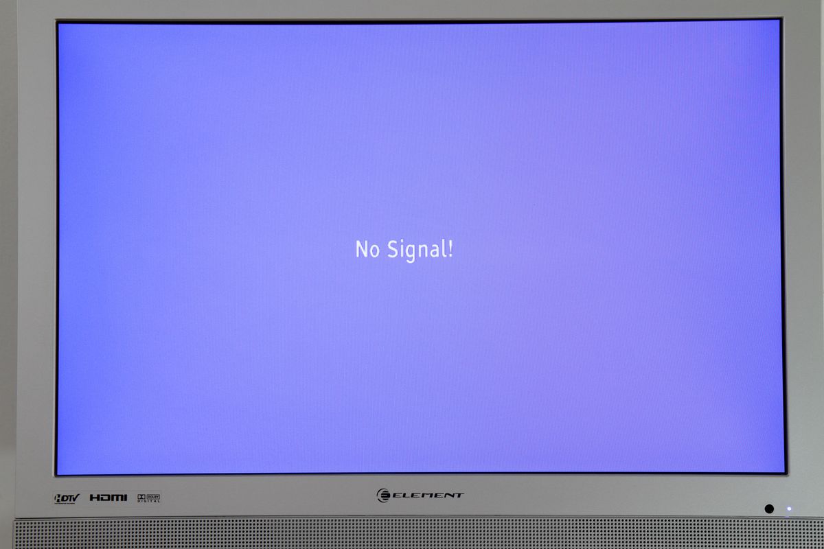 A TV with no signal on the screen.
