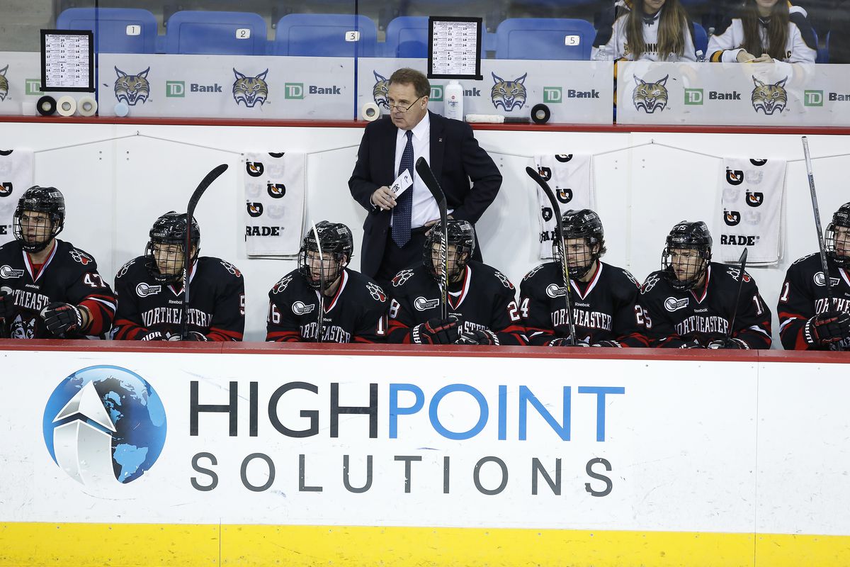 Jim Madigan behind the Northeastern bench at the High Point Solutions Arena in Hamden, Conn.