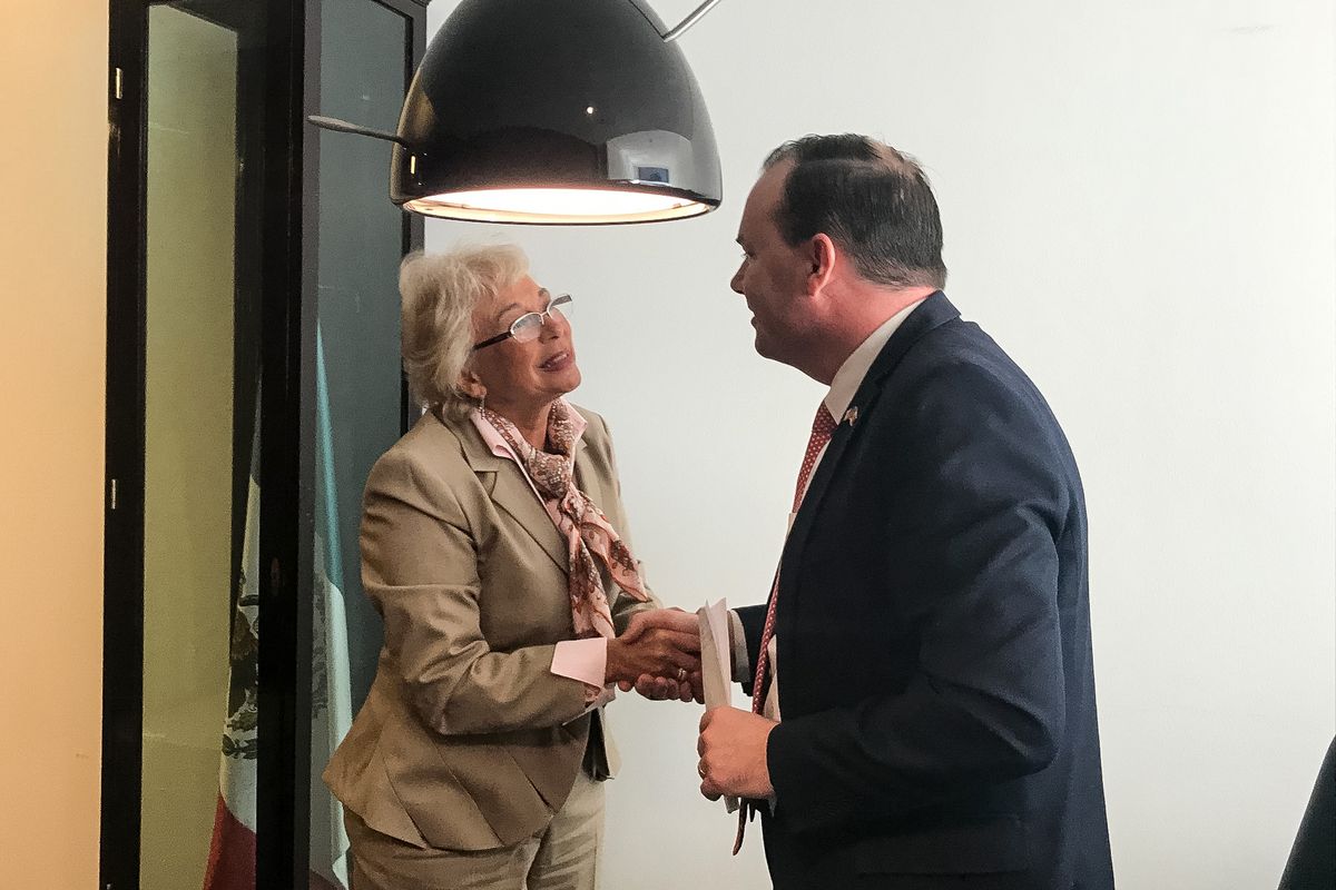 Sen. Mike Lee, R-Utah, meets with Olga Sanchez Cordero, incoming Mexican Foreign Minister, in Mexico City on Thursday, Nov. 8, 2018.