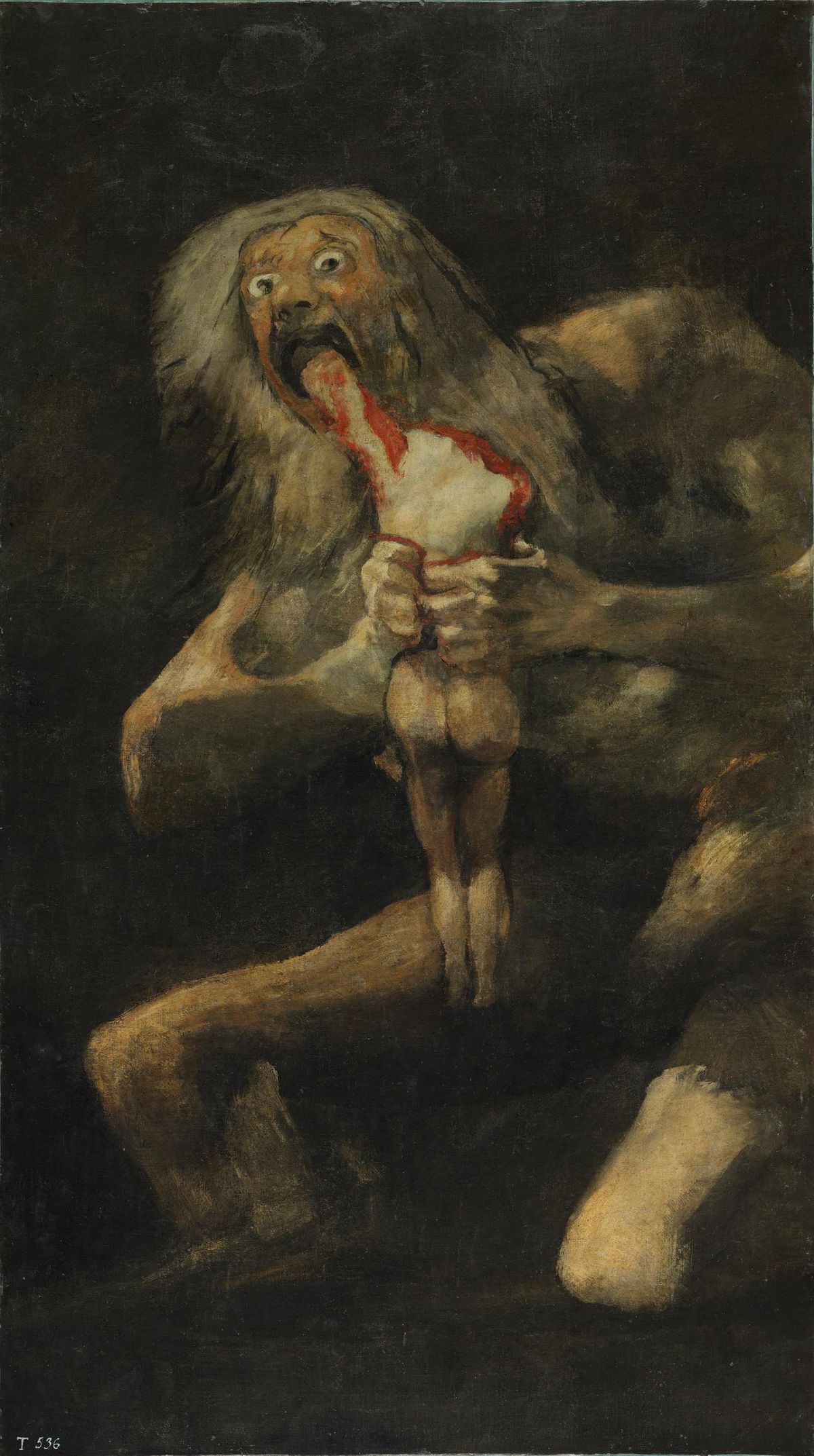 Goya depicts Saturn feasting upon one of his sons, with the child’s head already consumed. The titan is on the point of taking another bite from the left arm; he looms from the darkness, mouth agape and his eyes bulging widely.