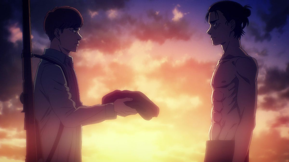 Two AoT characters stand in front of a sunset and one is handing the other something