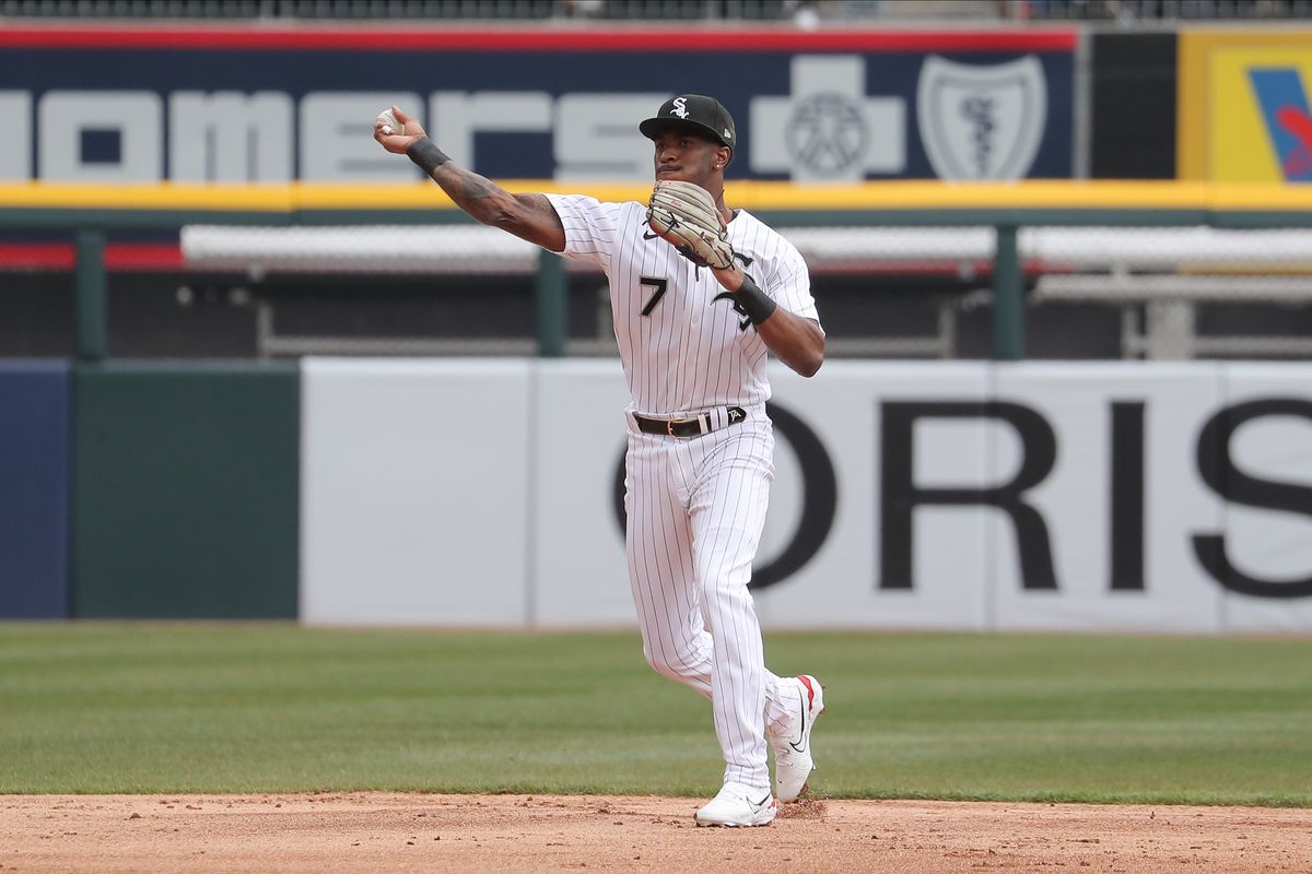 Chicago White Sox shortstop Tim Anderson throws the ball to first base for an out during a Major League Baseball game between the San Francisco Giants and the Chicago White Sox on April 5, 2023 at Guaranteed Rate Field in Chicago, IL.