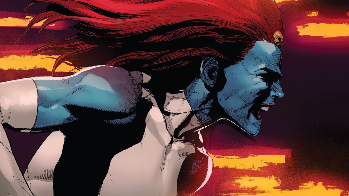 Mystique runs from left to right, mouth open in a scream, streaks of live fire in the background, on the cover of X-Men #6, Marvel Comics (2020).