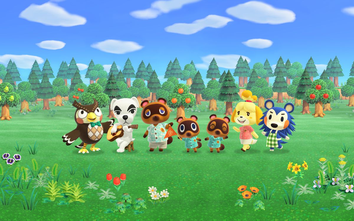 Artwork of Animal Crossing: New Horizons, featuring Blathers, KK Slider, Tom, Timmy, and Tommy Nook, Isabelle, and Mabel standing in a field
