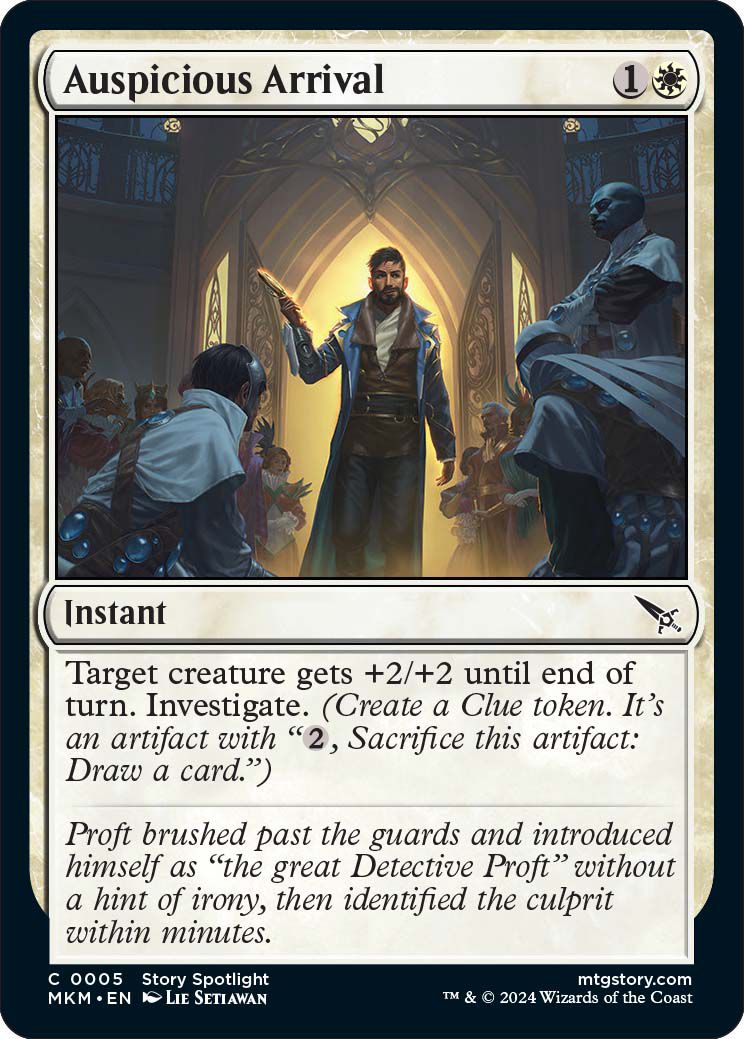 Auspicious Arrival allows players to investigate, as well as grants a creature +2/+2.