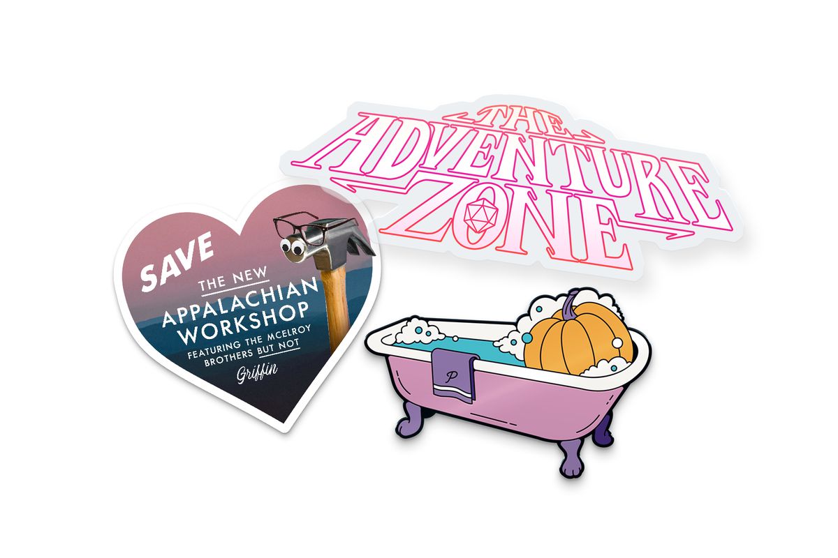 The three May McElroy merch items. Starting at the left is a heart shaped sticker. The background is a pink sky with blue mountains and a hammer with googly eyes and glasses. It says, “SAVE the New Appalachian Workshop Featuring the McElroy Brothers but not Griffin.” Above to the right is a car decal that says “The Adventure Zone” outlined in pink. Below that is an enamel pin of a pumpkin in a pink tub with bubbles.