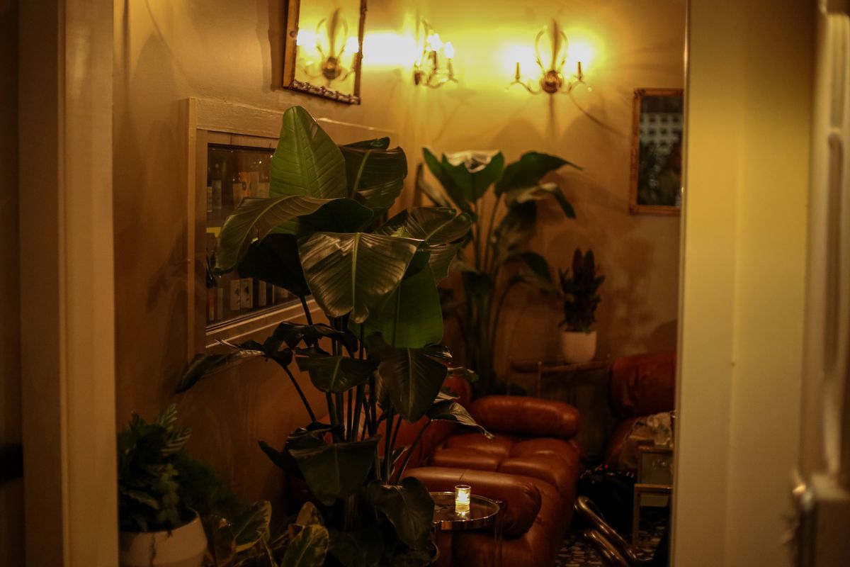 Inside a back room at the Tell Me Bar, lit by vintage wall sconces and set with banana leaf plants and a light brown leather couch.