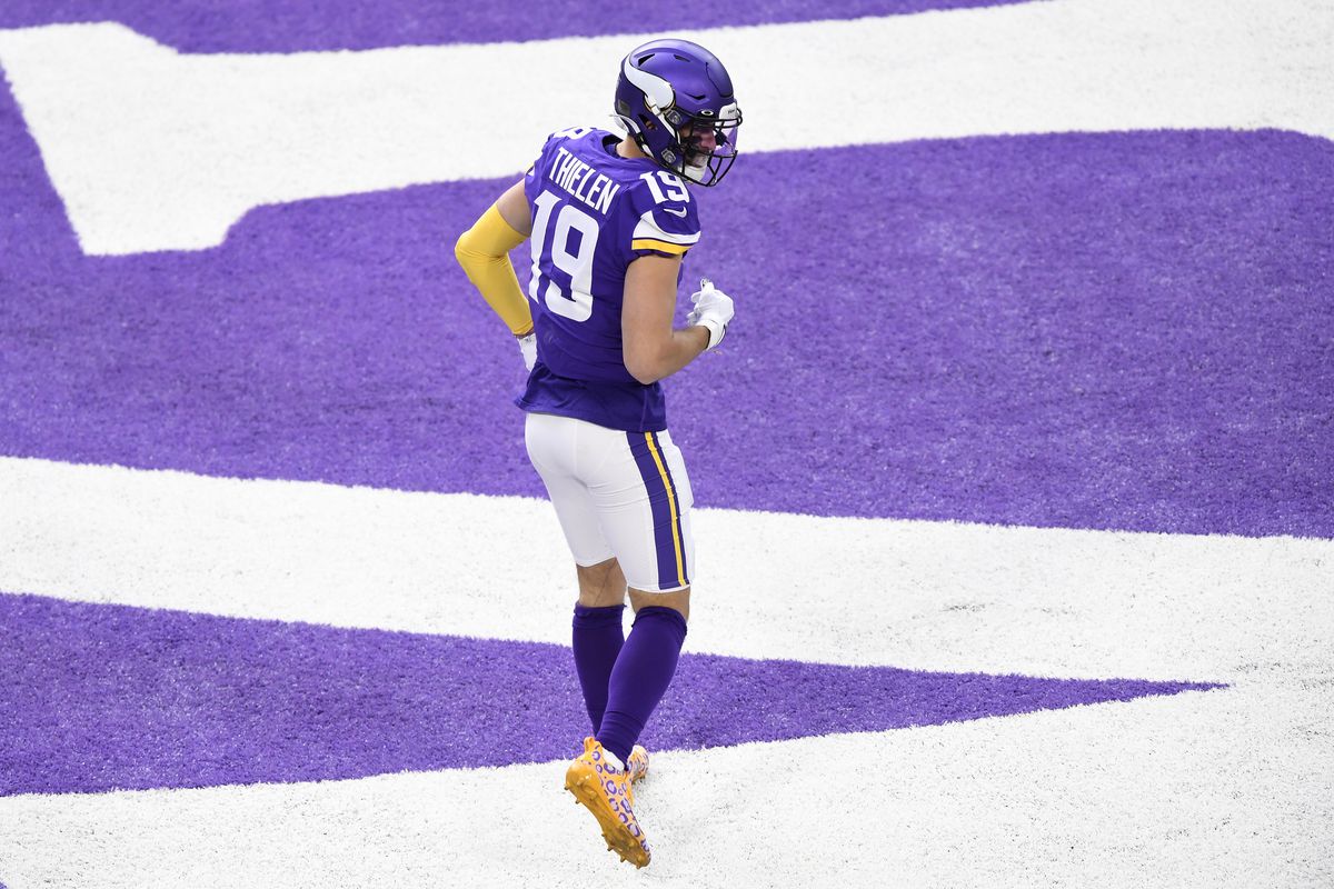 Adam Thielen #19 of the Minnesota Vikings celebrates after scoring a first quarter touchdown against the Chicago Bears at U.S. Bank Stadium on December 20, 2020 in Minneapolis, Minnesota.
