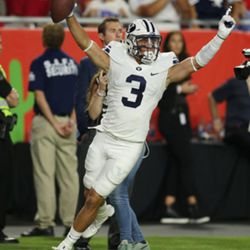 Brigham Young Cougars wide receiver Colby Pearson (3) celebrates his touchdown against the Arizona Wildcats in Phoenix on Sunday, Sept. 4, 2016. BYU leads 9-0 at half. BYU won 18-16. 