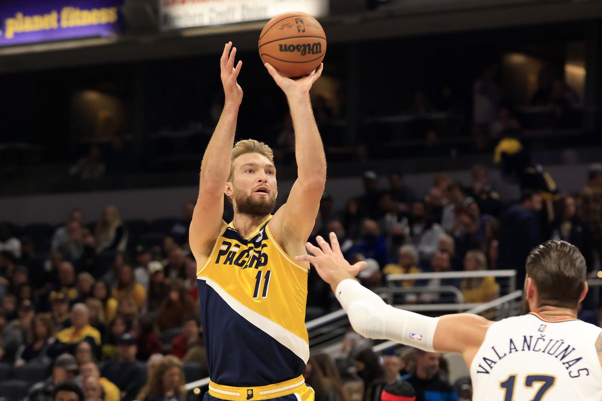Domantas Sabonis #11 of the Indiana Pacers takes a shot in the game against the New Orleans Pelicans during the first quarter at Gainbridge Fieldhouse on November 20, 2021 in Indianapolis, Indiana.