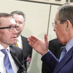Norway's Foreign Minister Espen Barth Eide, left, talks with Russia's Foreign Minister Sergey Lavrov, prior to the NATO-Russia Council during a NATO foreign ministers meeting at NATO headquarters in Brussels, Tuesday, April 23, 2013. (AP Photo/Yves Logghe)