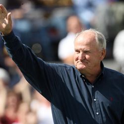 Former BYU football coach Lavell Edwards acknowledges the crowd as he and other BYU Hall of Fame Inductees are honored after the first quarter of action as Utah State faces BYU in college football action at Lavell Edwards Stadium in Provo Saturday, September 23, 2006.  Photo by Jason Olson