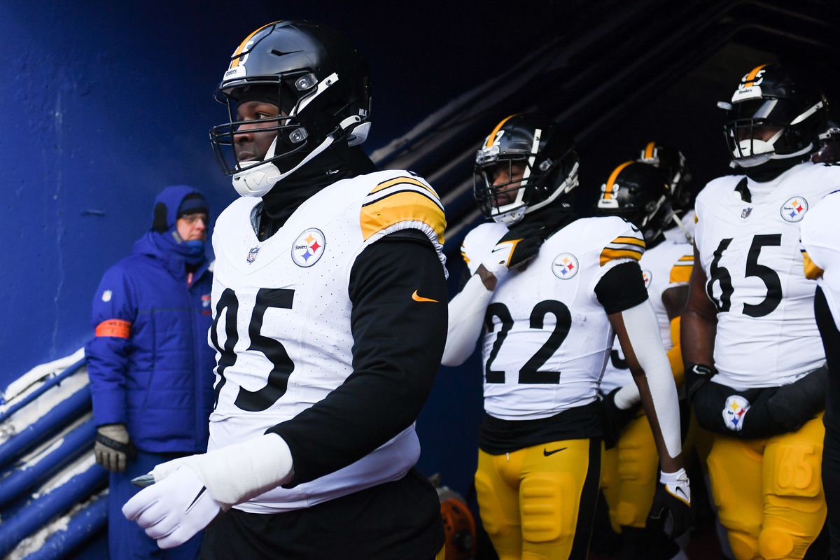 Keeanu Benton #95 of the Pittsburgh Steelers walks onto the field prior to the NFL wild-card playoff football game against the Buffalo Bills at Highmark Stadium on January 15, 2024 in Orchard Park, New York.