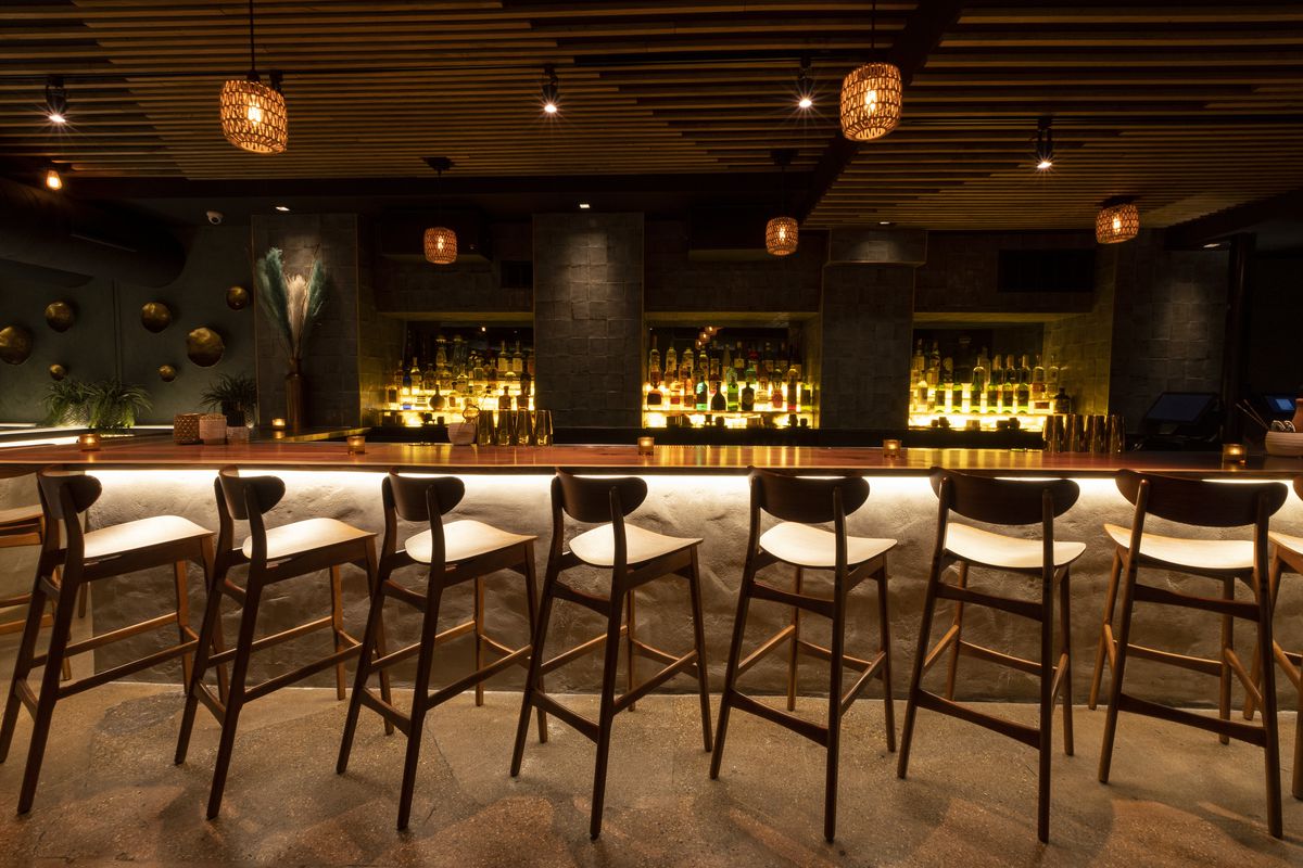 A low-lit bar lined with backed bar stools. 