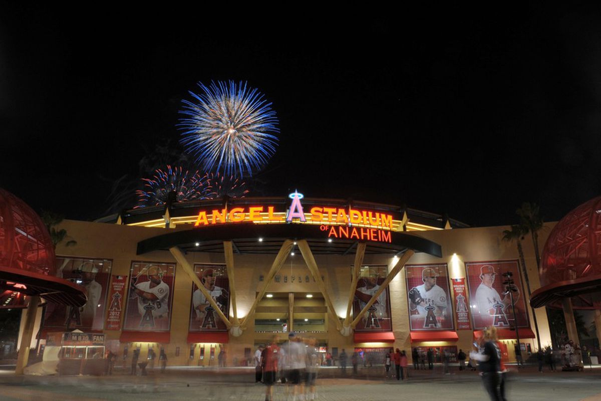May 28, 2012; Anaheim, CA, USA; General view of fireworks at Angel Stadium after the game between the New York Yankees and the Los Angeles Angels. Mandatory Credit: Kirby Lee/Image of Sport-US PRESSWIRE