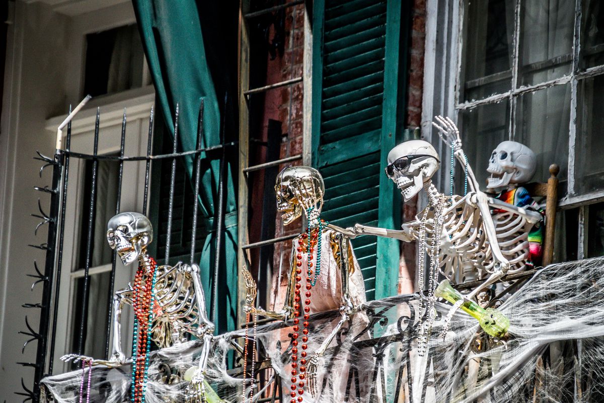 Skeleton decorations on a balcony in New Orleans’s French Quarter