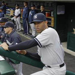 New York Yankees relief pitcher Mariano Rivera is seen in the dugout before a baseball game against the Detroit Tigers in Detroit, Sunday, April 7, 2013. 