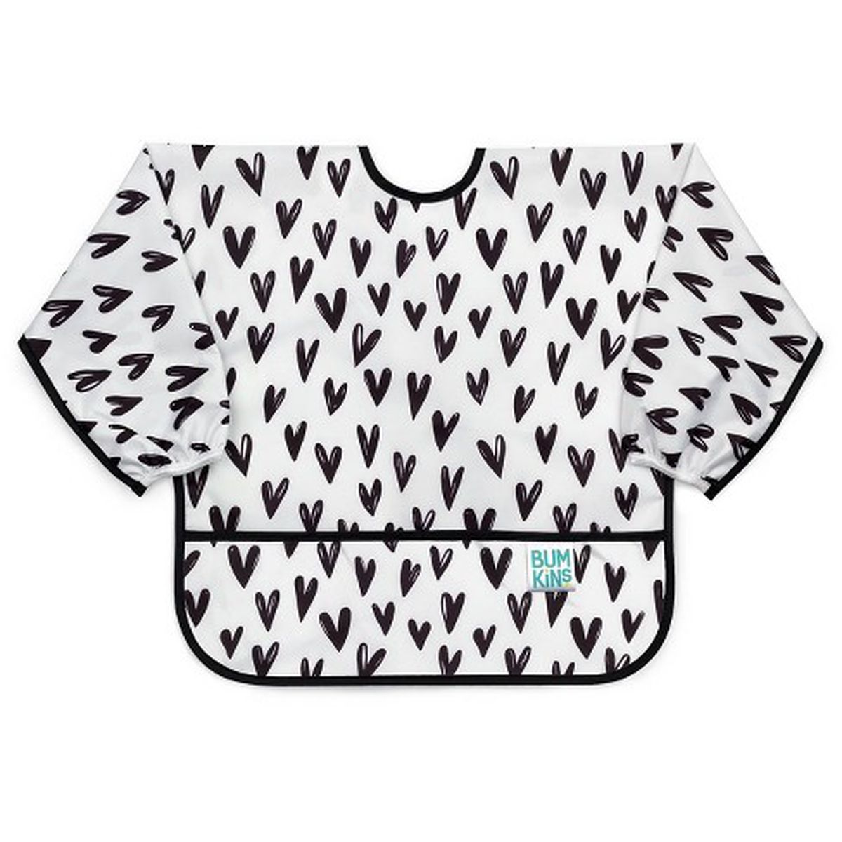 A child’s bib shirt with a pattern of black hearts