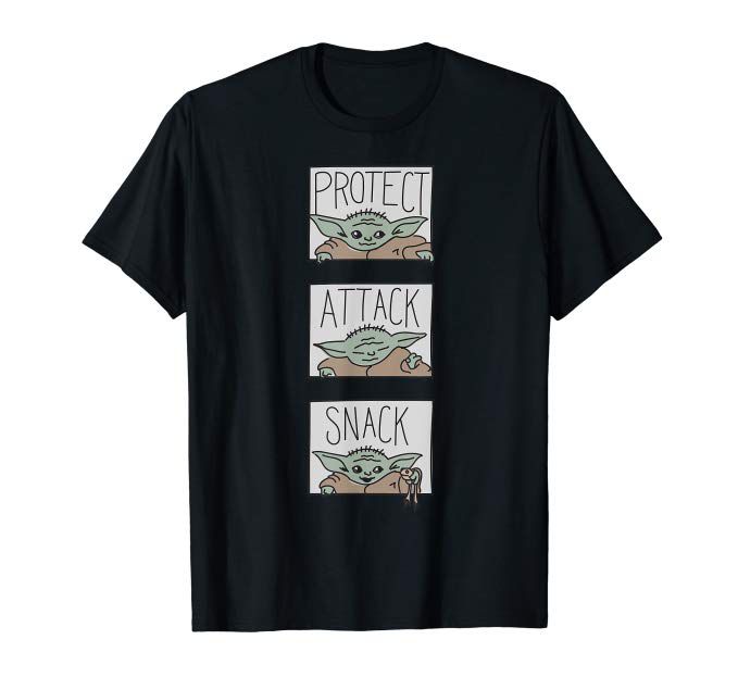 A shirt featuring illustrations of Baby Yoda with the captions “Protect”, “Attack”, and “Snack”