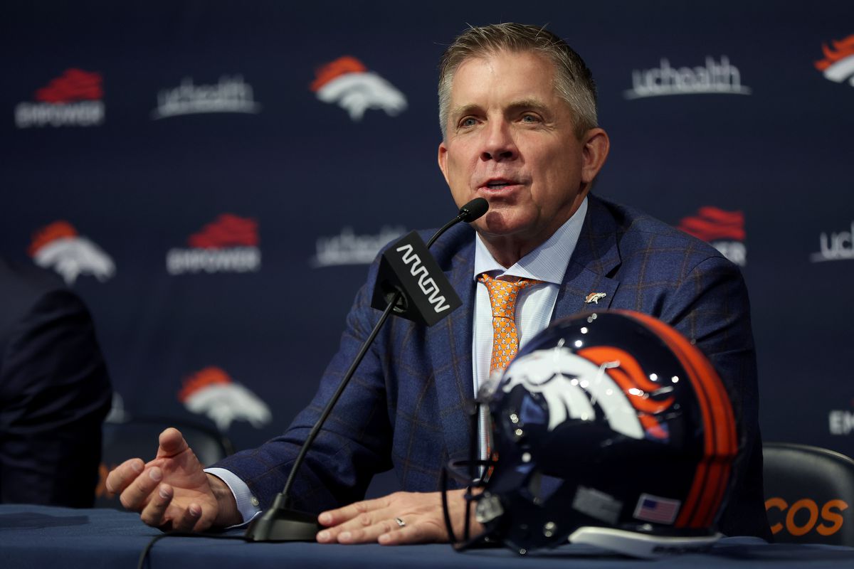 New Denver Broncos Head Coach Sean Payton fields questions from the media during a press conference at UCHealth Training Center on February 06, 2023 in Englewood, Colorado.