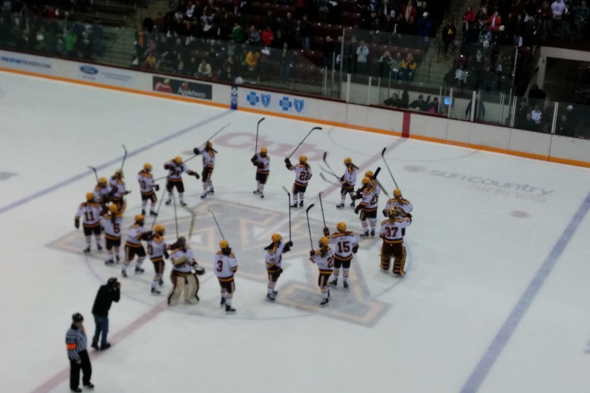 University of Minnesota women's hockey team salutes the 2,276 fans at Ridder Arena following a 6-0 win over Ohio State