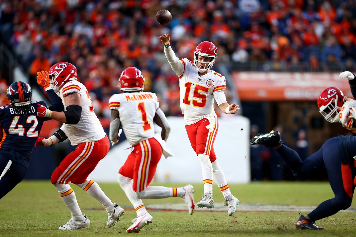 Patrick Mahomes #15 of the Kansas City Chiefs passes against the Denver Broncos at Empower Field At Mile High on December 11, 2022 in Denver, Colorado.