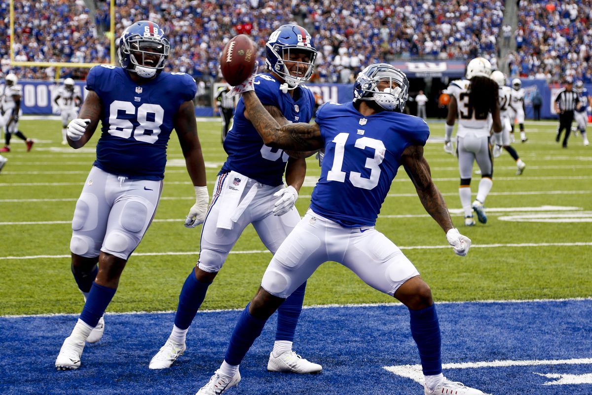 #13 Odell Beckham of the New York Giants celebrates a touchdown&nbsp;by spiking the ball