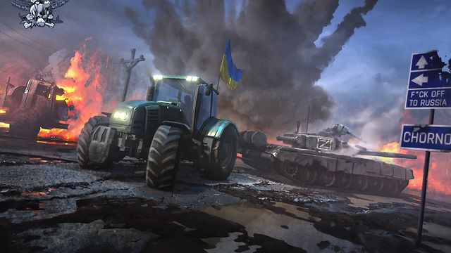 A green tractor tows a Russian tank through a burning battlefield.