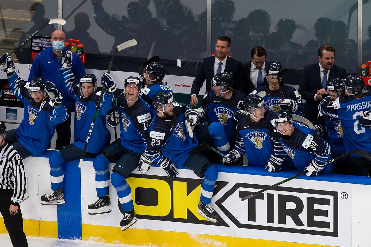 Finland celebrates victory over Russia during the 2021 IIHF World Junior Championship bronze medal game at Rogers Place on January 5, 2021 in Edmonton, Canada.