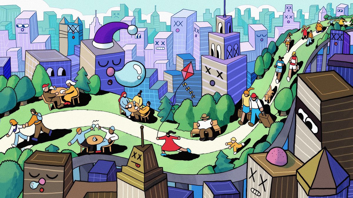 A colorful illustration of a city with people walking through and enjoying a park with anthropomorphized buildings on either side.