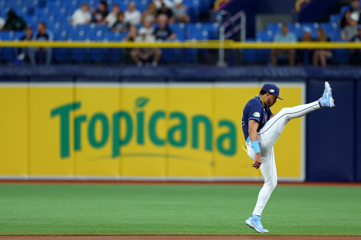 Jose Siri of the Tampa Bay Rays stretches during a game against the Houston Astros at Tropicana Field on April 25, 2023 in St Petersburg, Florida.