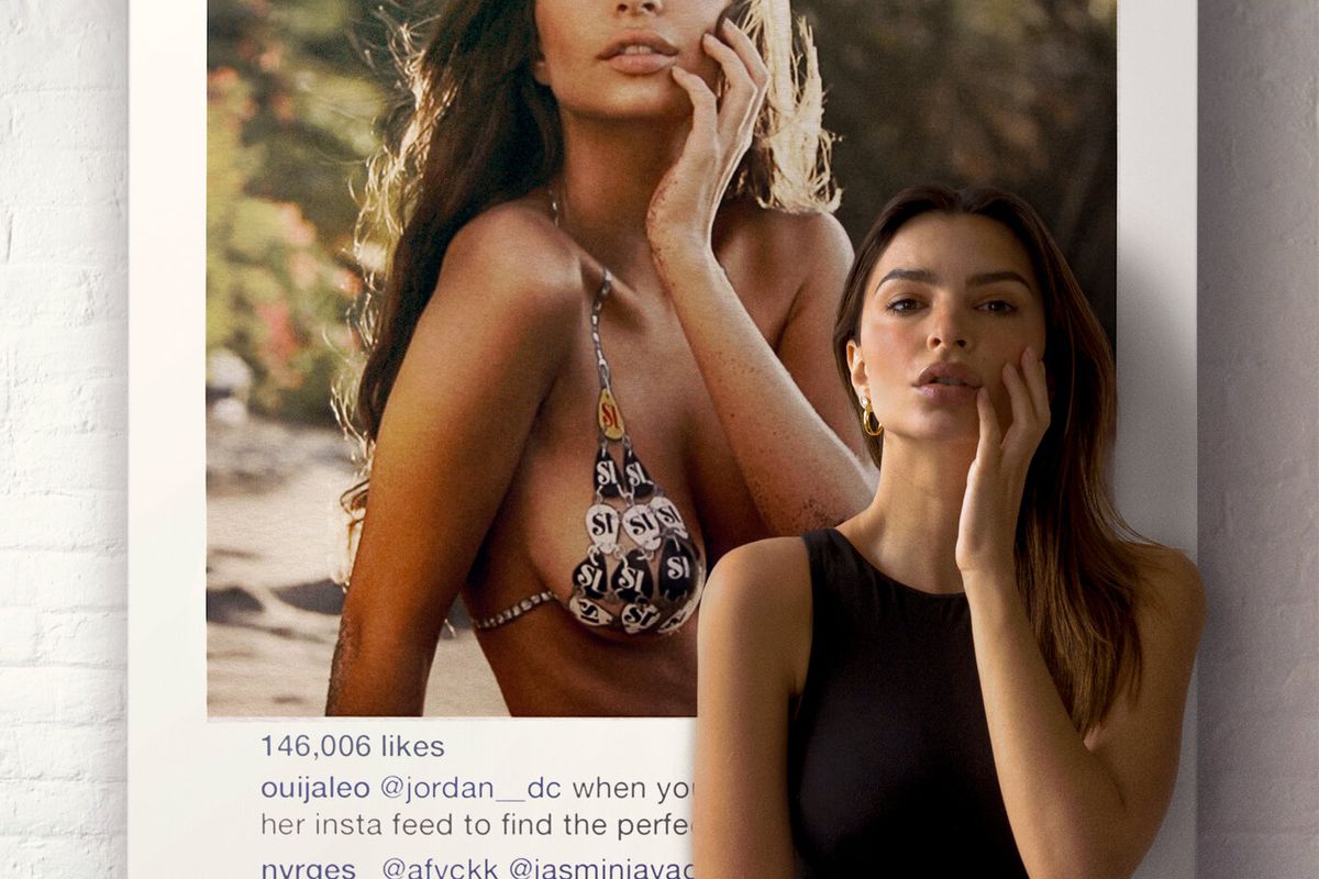 An image of Emily Ratajkowski in front of a painting by Richard Prince, which includes a photo of Ratajkowski.
