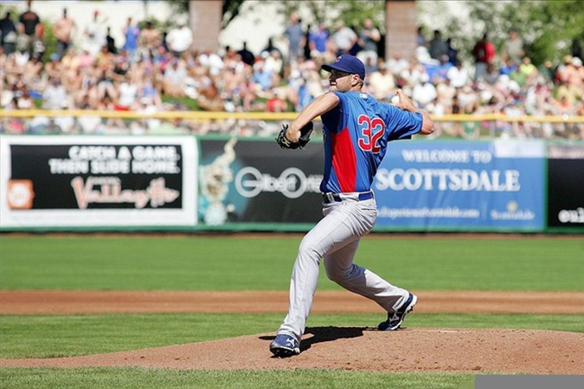 Scottsdale, AZ, USA; Chicago Cubs starting pitcher Chris Volstad pitches against the San Francisco Giants during the first inning at Scottsdale Stadium.  Credit: Jake Roth-US PRESSWIRE