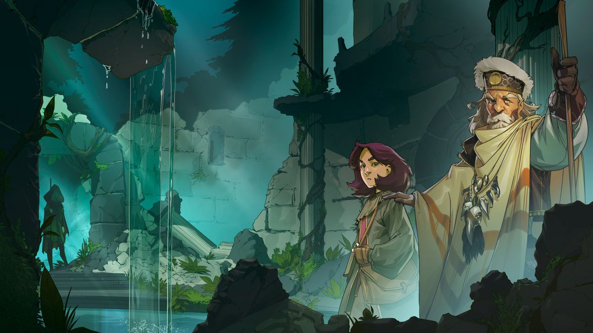 An old man places his hand on the shoulder of young, purple-haired woman. They’re standing inside a ruin with a lovely waterfall. A mysterious creature is silhouetted in the distance.