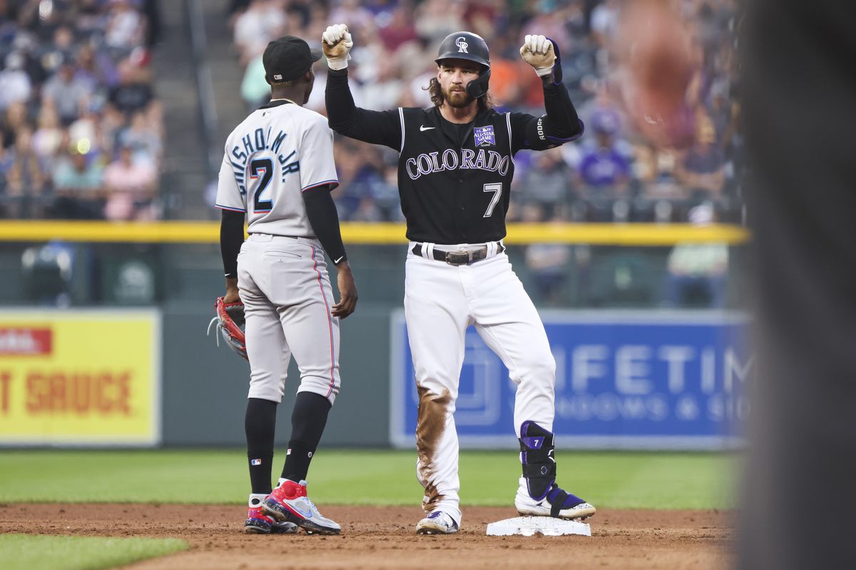 Colorado Rockies second baseman Brendan Rodgers (7) celebrates after hitting a double against the Miami Marlins in the fifth inning at Coors Field.&nbsp;