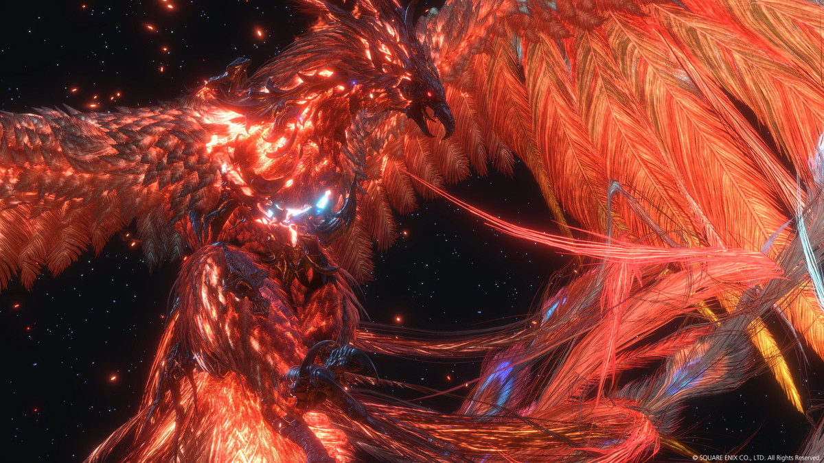 Image of the the Pheonix summon, a large firebird with stringy feathers wreathed in flames