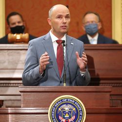 Gov. Spencer Cox delivers his first State of the State address in the Utah House chamber at the Capitol in Salt Lake City on Thursday, Jan. 21, 2021.